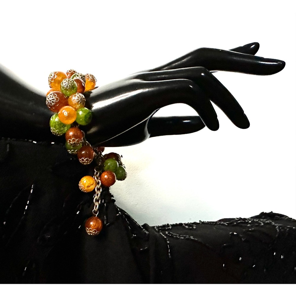 Vintage Chunky Cha-Cha Lucite Bead Cluster Bracelet Amber Green Orange Filigree